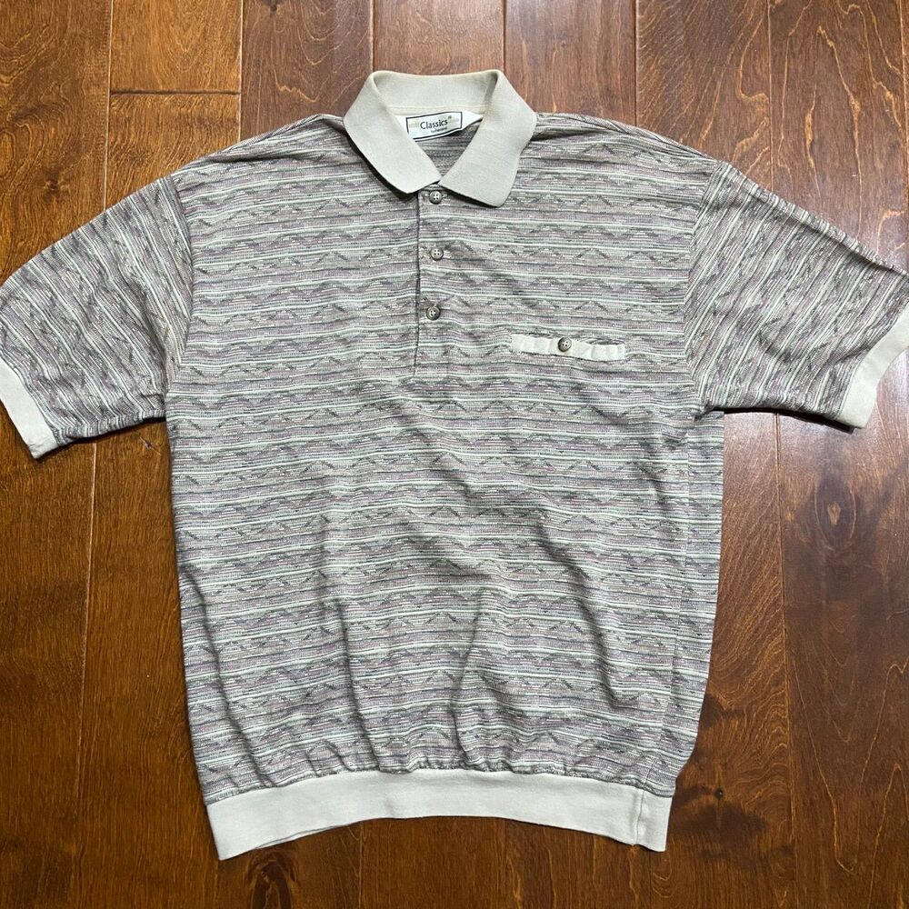 Classics By Palmland Vintage 90s Geometric Tan Brown Polo Men's Size Medium - Picture 3 of 8